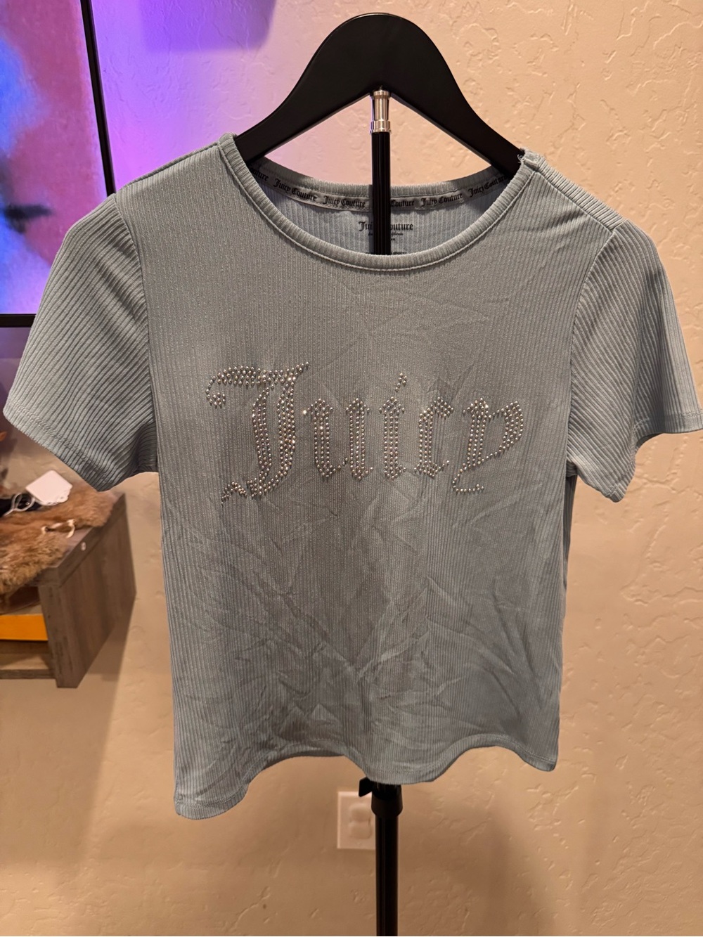 Juicy Couture Light Blue Rhinestone 'Juicy' Logo Ribbed Short Sleeve Tee Sleep